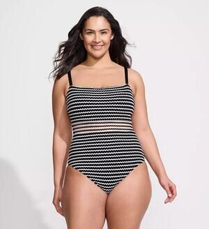 Lands’ End One Piece Swimsuit 16W Black White Textured Mesh Tummy Control NWT